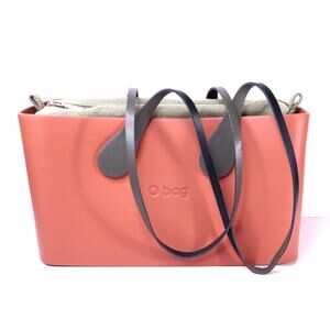 O BAG Classic Tote Bag Coral with Sage Canvas Insert Brown Shoulder Straps